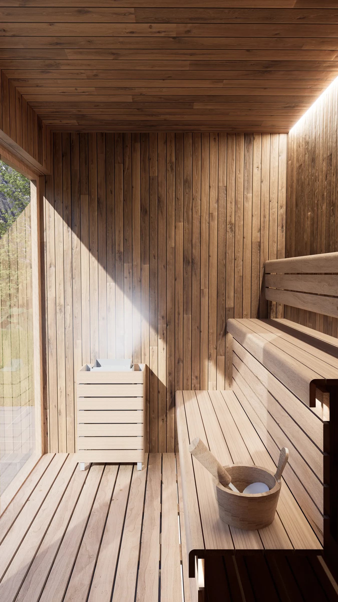 Interior del sauna en madera de eucaliptus